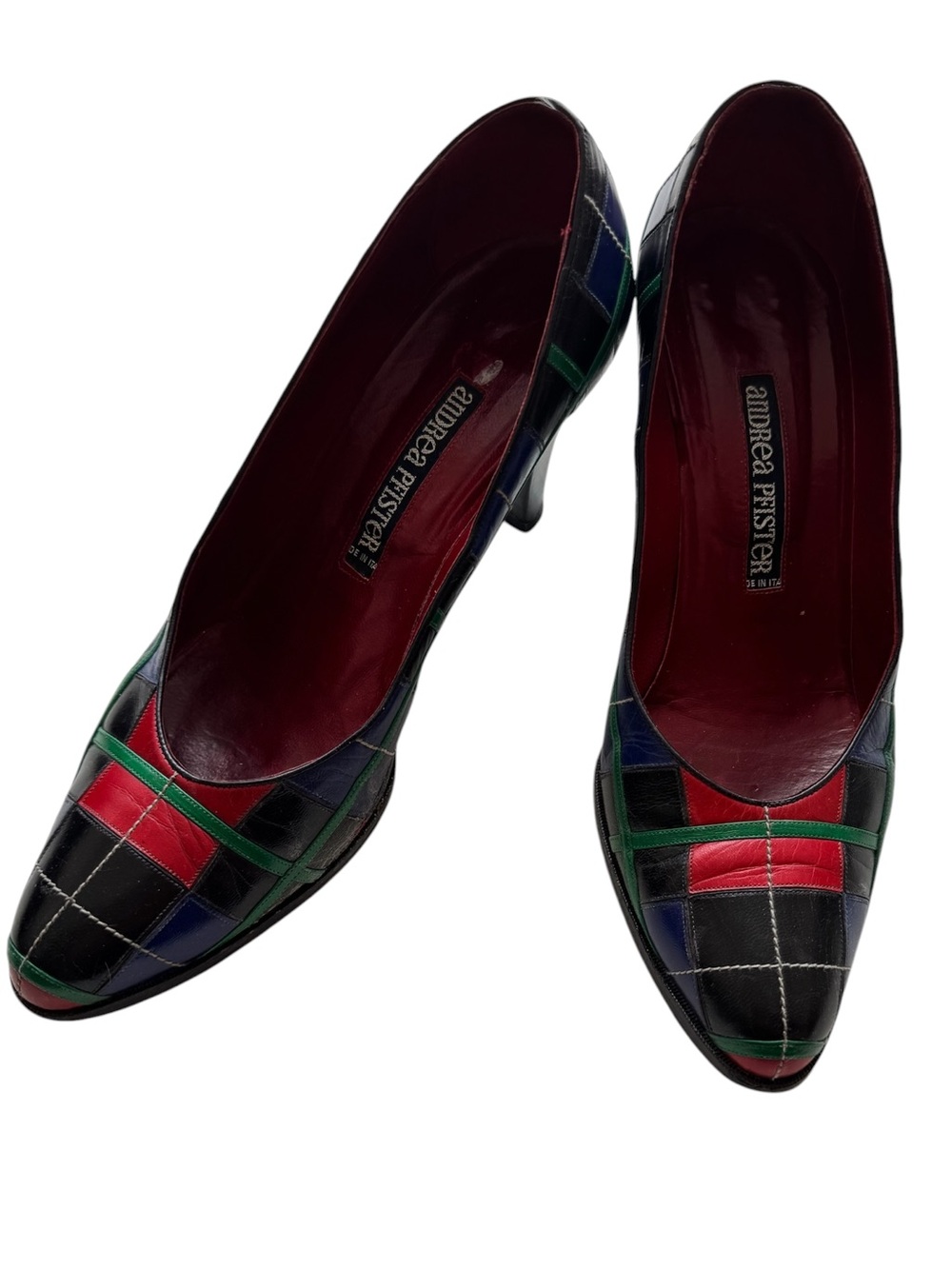 Vintage Andrea Pfister Green & Red Patchwork Leather Pointed Toe Pumps